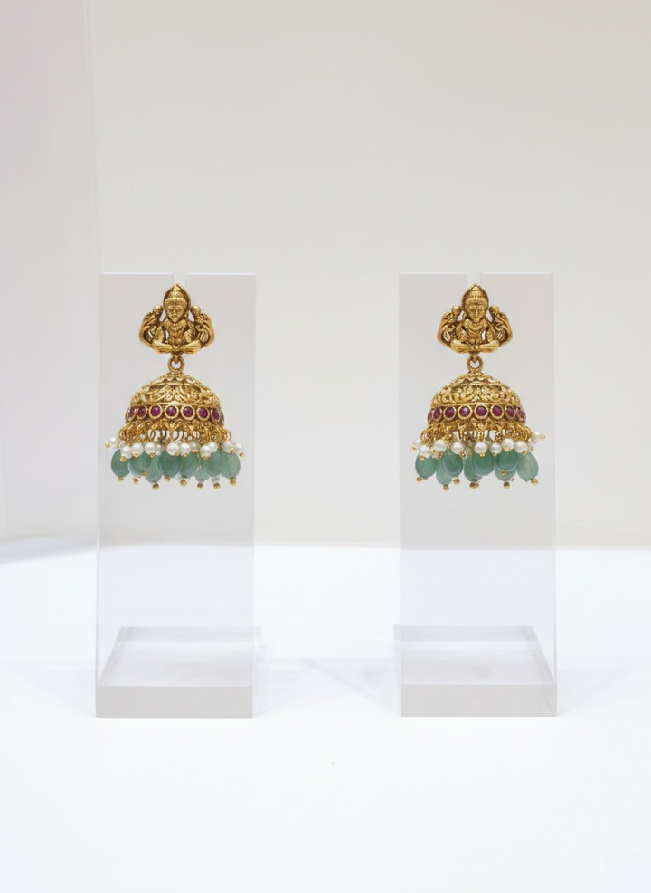 Temple Jewelry Set with Green Beads and Goddess Lakshmi Pendant