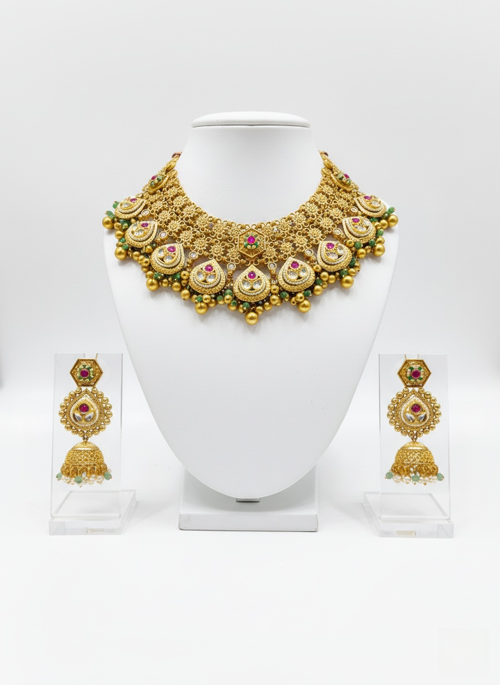 Temple-Inspired Kundan Bridal Necklace Set with Ruby & Emerald Stones