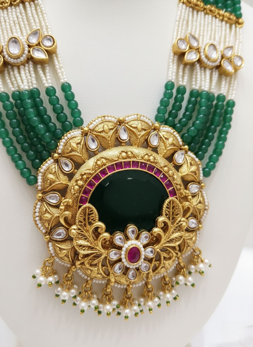 Grand Emerald Kundan Beaded Necklace Set with Temple Pendant