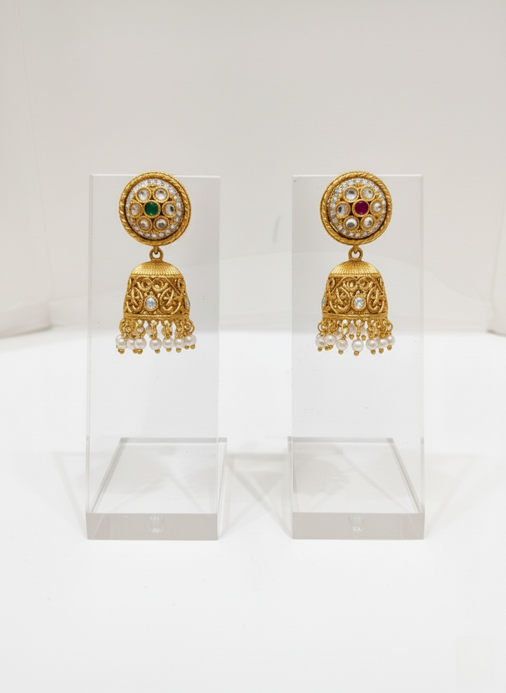 Antique Gold Temple Necklace Set with Ruby, Emerald & Pearl Detailing
