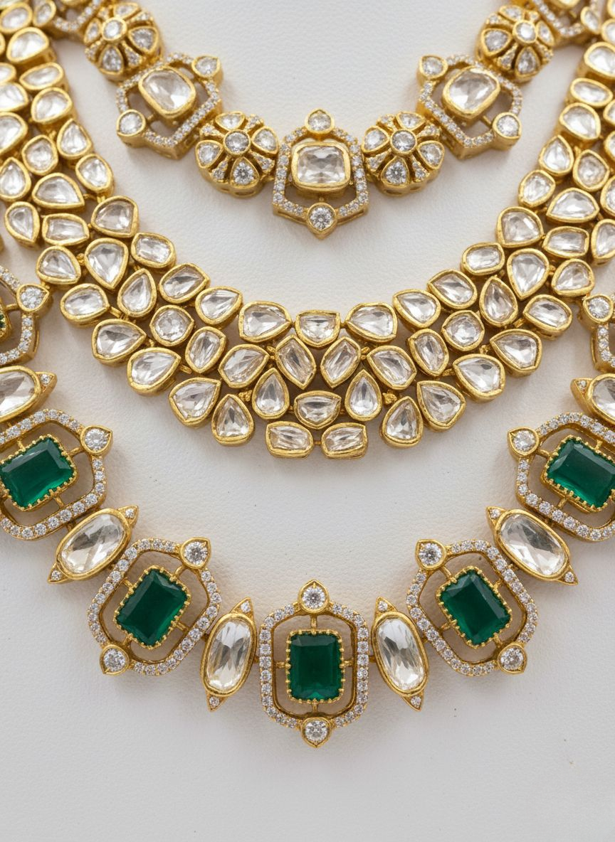 Grand Emerald Green & Kundan Layered Bridal Necklace Set with Matching Earrings