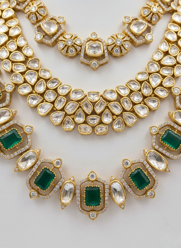 Grand Emerald Green & Kundan Layered Bridal Necklace Set with Matching Earrings