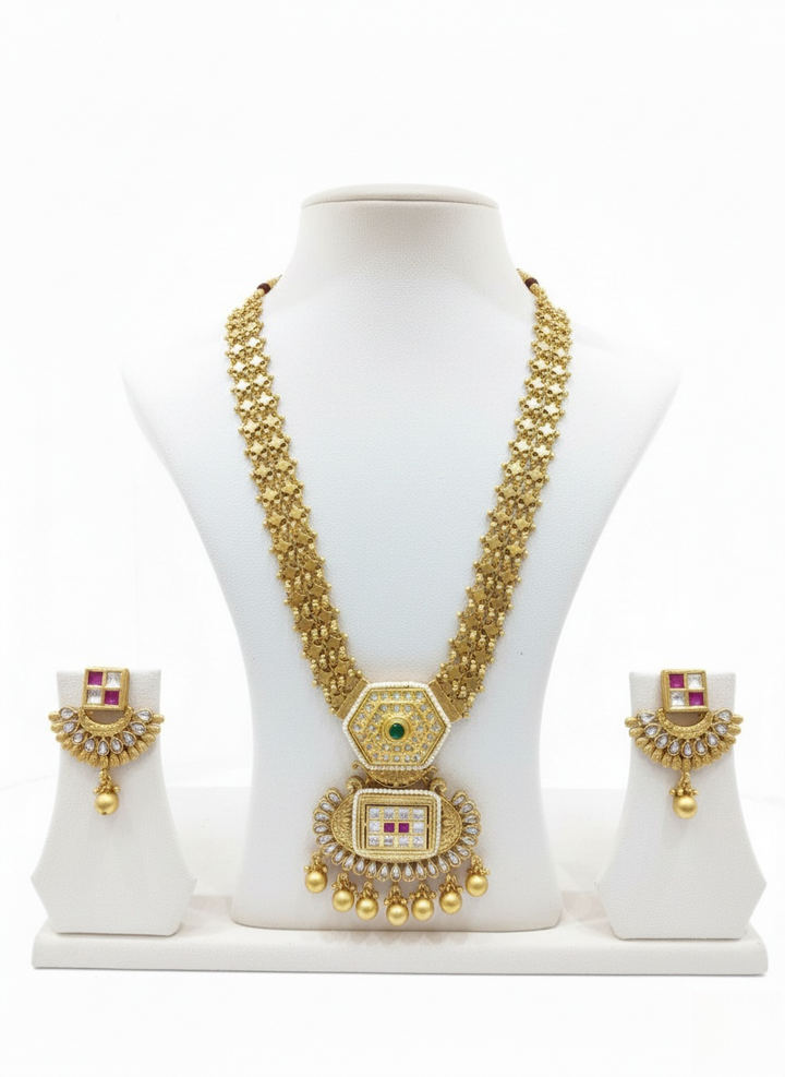 Regal Antique Gold Plated Temple Necklace Set with Kundan & Ruby Accents