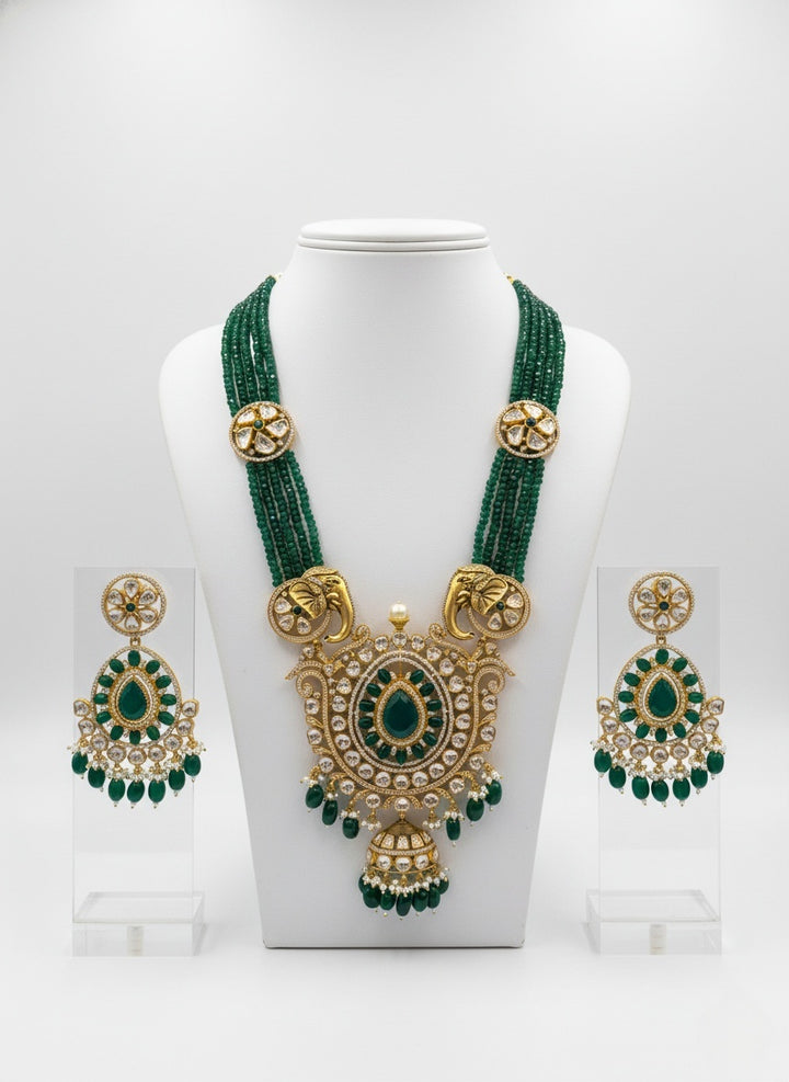 Emerald Green Beaded Temple Necklace Set with Elephant Motif & Kundan Pendant