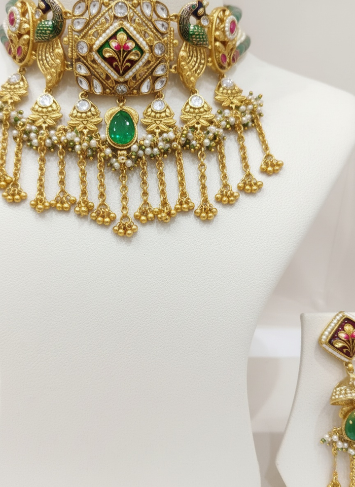 Regal Peacock Kundan Choker Necklace Set with Emerald Stones & Hanging Beads