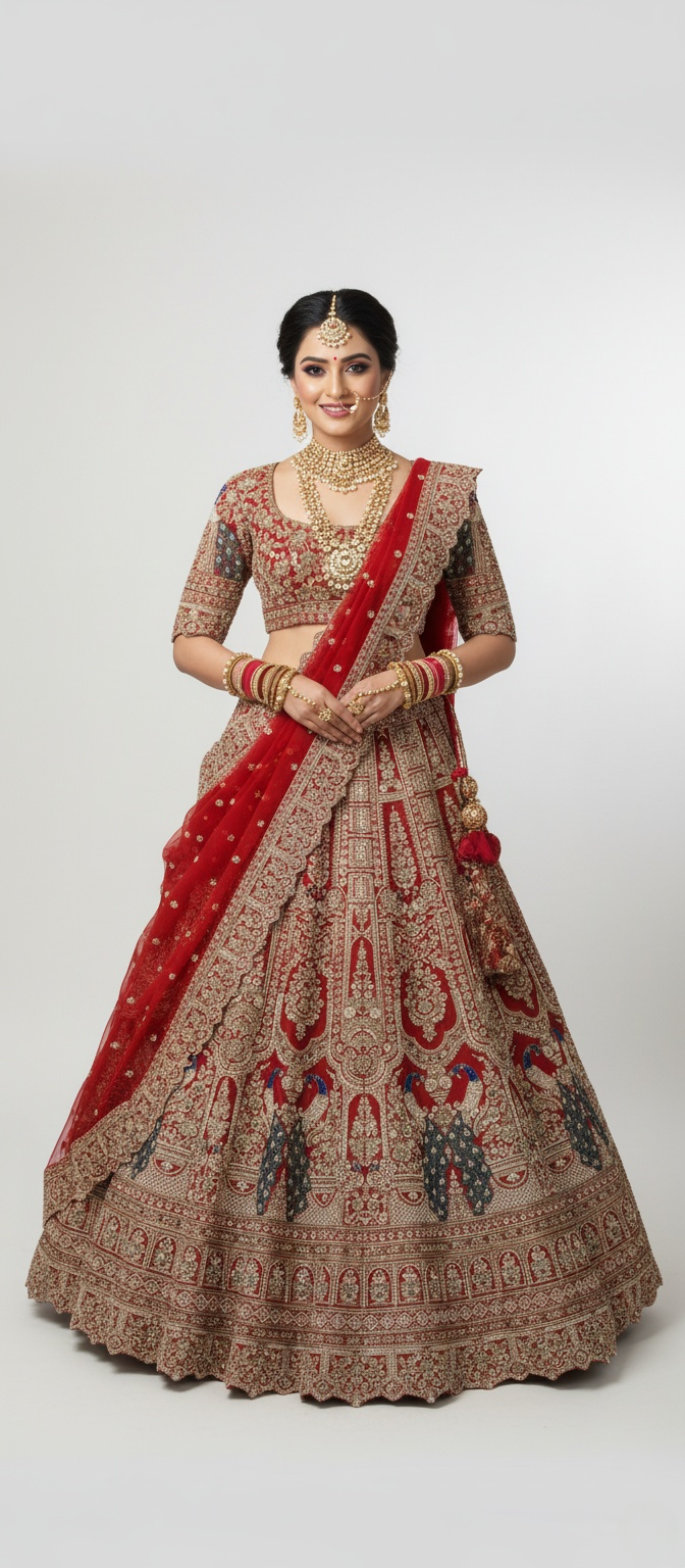 Regal Red Handcrafted Bridal Silk Lehenga with Peacock Motifs & Zardozi Embroidery