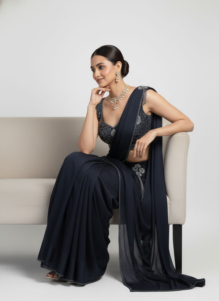 Navy Blue Ready-to-Wear Saree with Hand-Embroidered Blouse