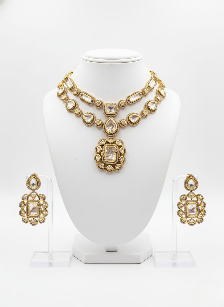 Classic Gold Polki Kundan Layered Necklace Set with Statement Earrings