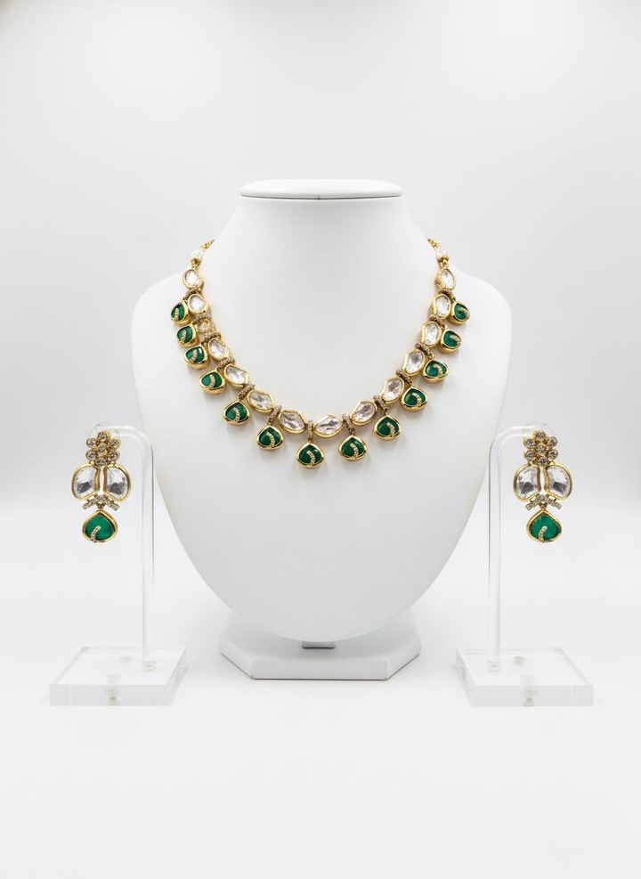 Emerald Green & Kundan Stone Necklace Set with Matching Earrings