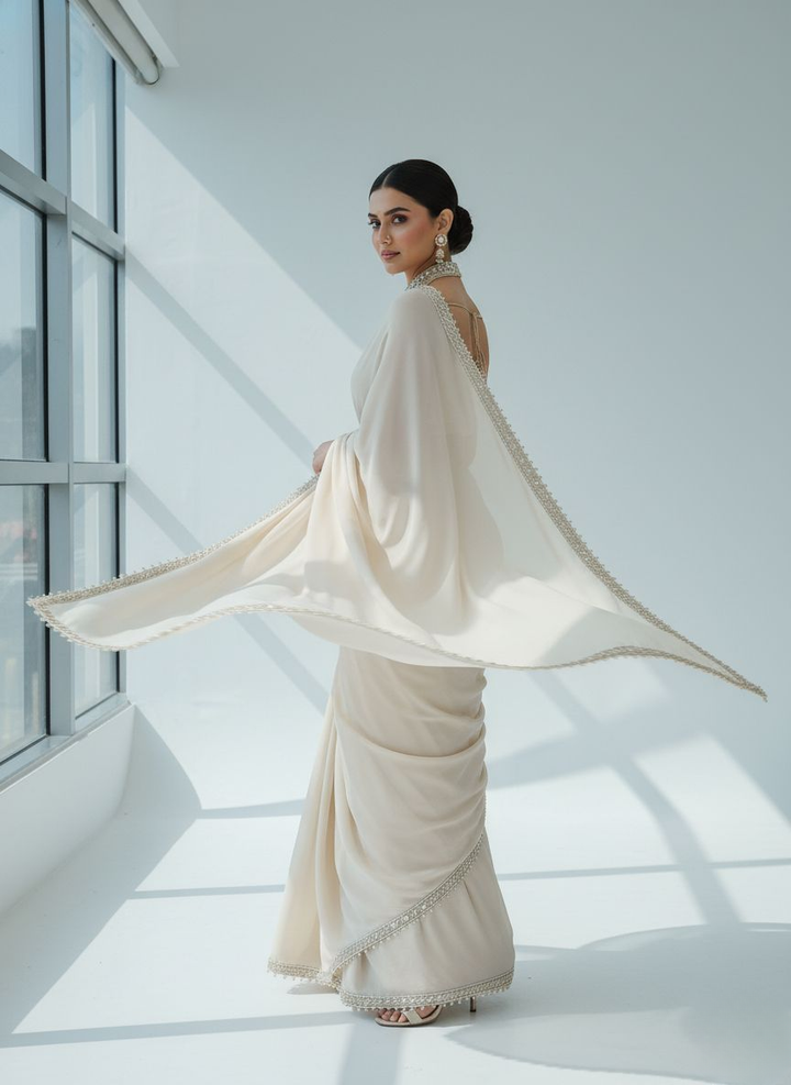 Elegant Ivory Ready-to-Wear Saree with Heavy Hand-Embellished High-Neck Blouse