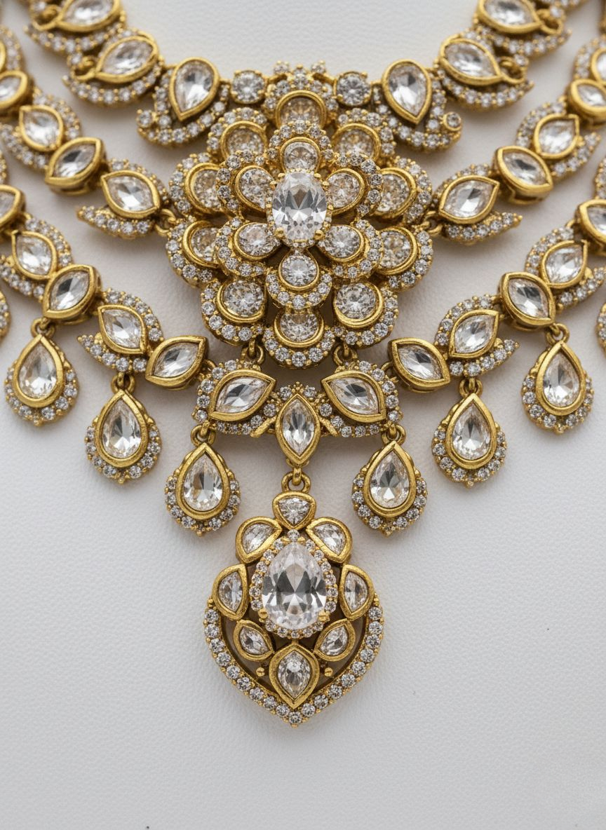 Gold Finish Multi-Layered Bridal Necklace Set with Stone