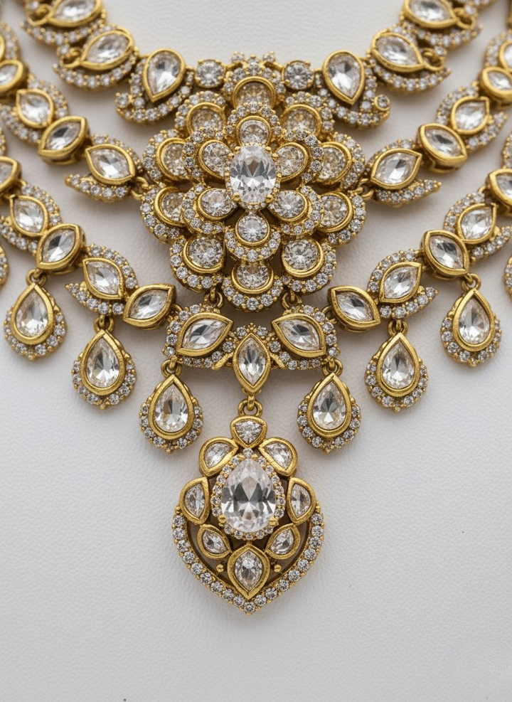 Gold Finish Multi-Layered Bridal Necklace Set with Stone