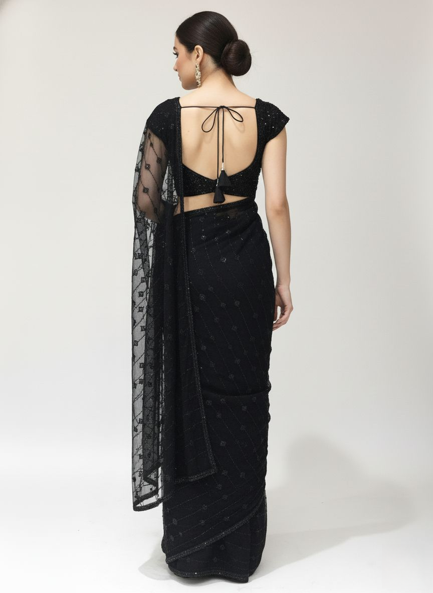 Elegant Black Sequin Embroidered Net Saree – Midnight Radiance Edition