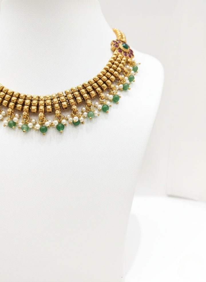 Traditional Gold-Tone Necklace Set with Ruby & Emerald Beads