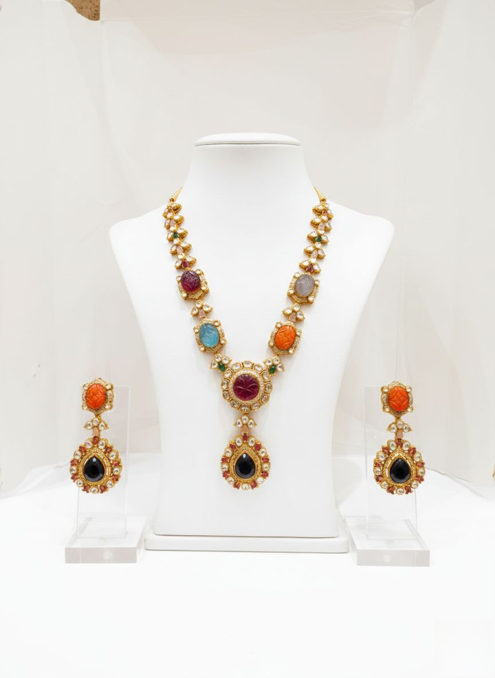 Royal Navratna Carved Gemstone Necklace Set with Kundan & Pearls