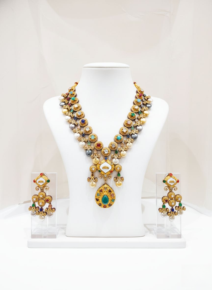 Regal Kundan & Multicolor Gemstone Bridal Necklace Set with Pearls