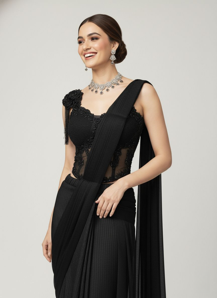 Luxury Black Ready-to-Wear Saree with 3D Floral Embroidered Blouse