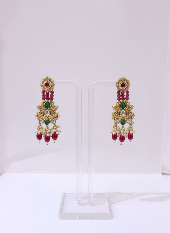 Royal Temple Necklace Set with Ruby Beads & Kundan Embellishments