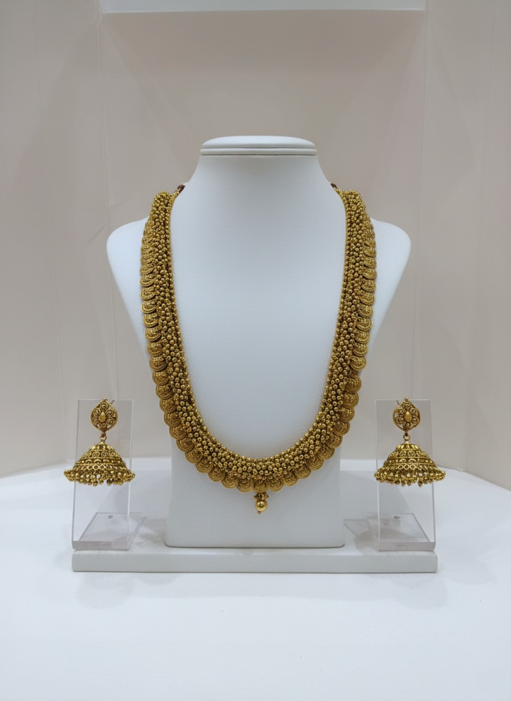 Traditional Gold Coin Necklace Set with Jhumka Earrings