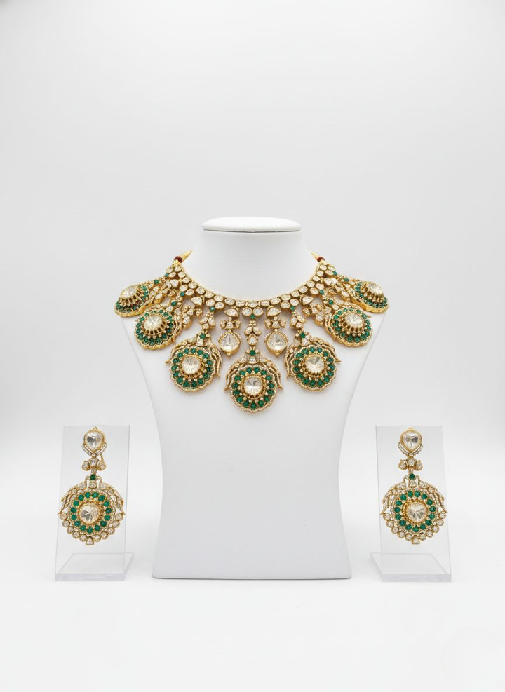Emerald Green & Gold Heavy Kundan Bridal Necklace Set with Statement Earrings