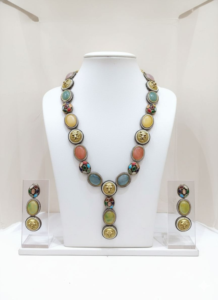 Antique Multicolor Gemstone Necklace Set with Lion Motif & Enamel Detailing
