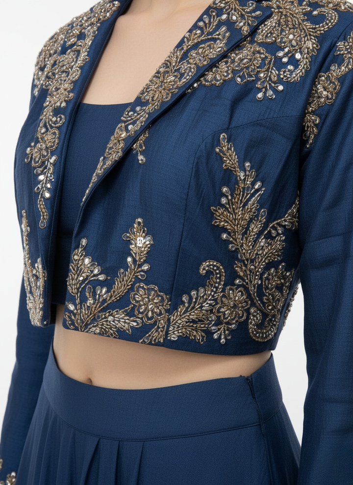Midnight Blue Embroidered Crop Top with Jacket & Flared Skirt Set