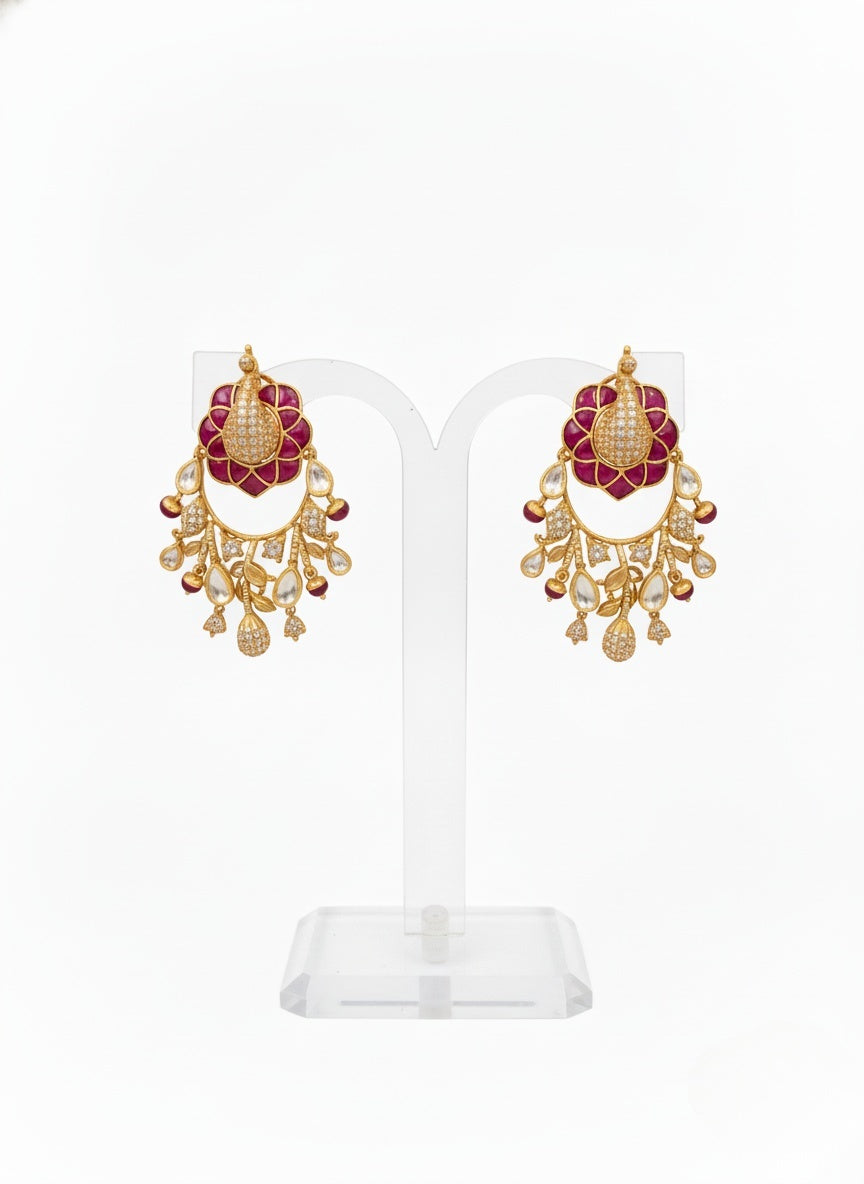 Gold & Ruby Peacock Design Kundan Necklace Set with Matching Statement Earrings