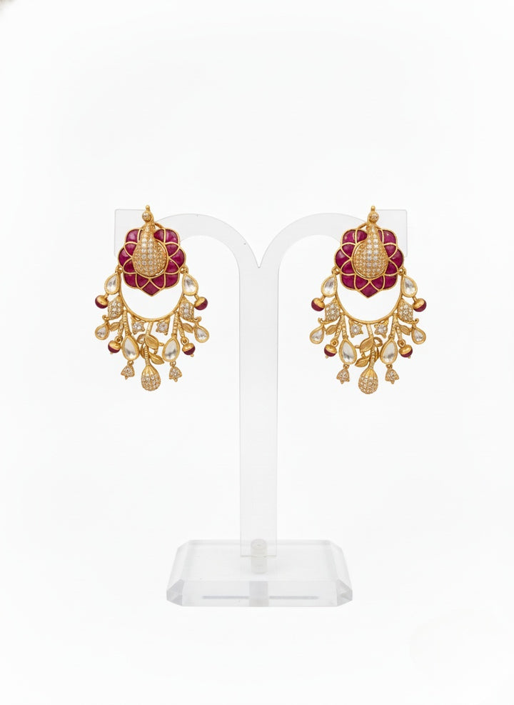 Gold & Ruby Peacock Design Kundan Necklace Set with Matching Statement Earrings