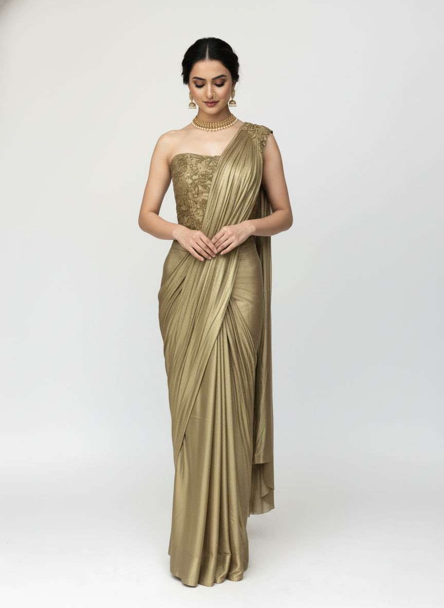 Ready to Wear Champagne Gold Drape Saree with Embroidered One-Shoulder Blouse
