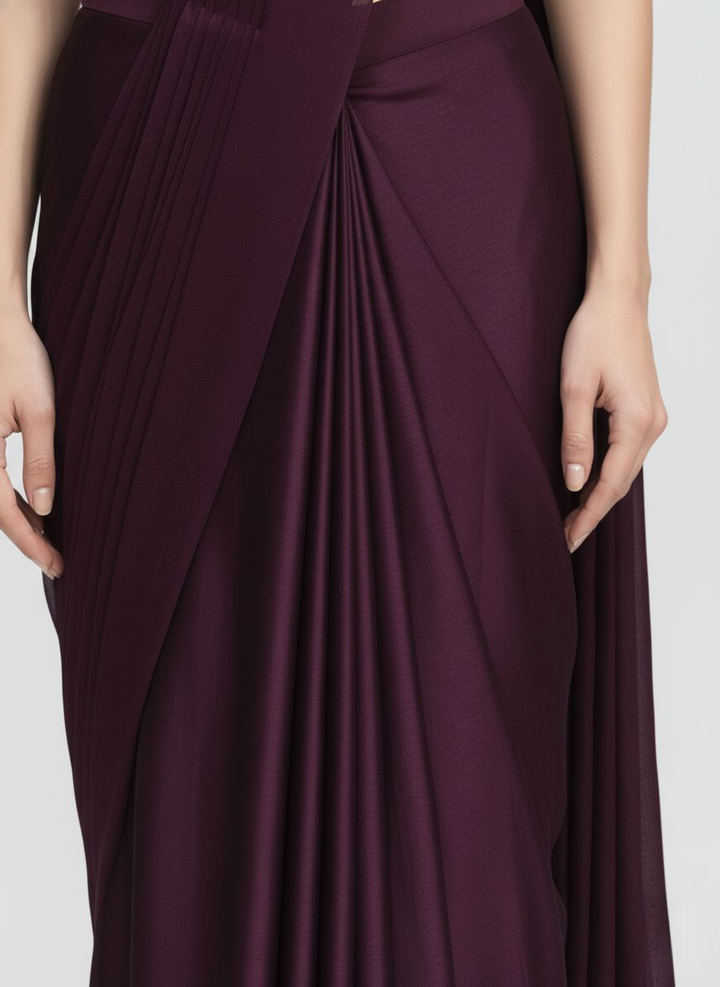 Plum Purple Pre-Draped Saree with Sequin Embroidered Blouse