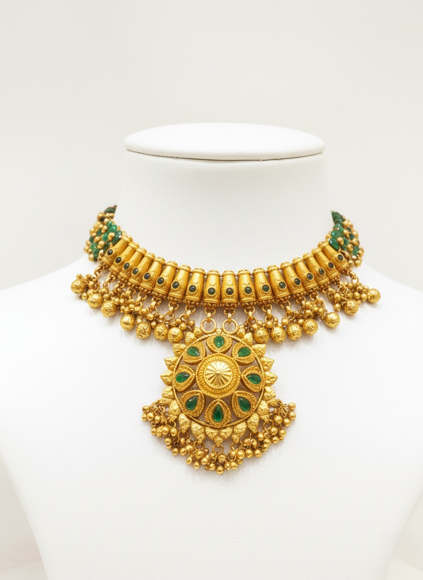 Temple-Inspired Gold Necklace Set with Green Enamel & Bead Drops