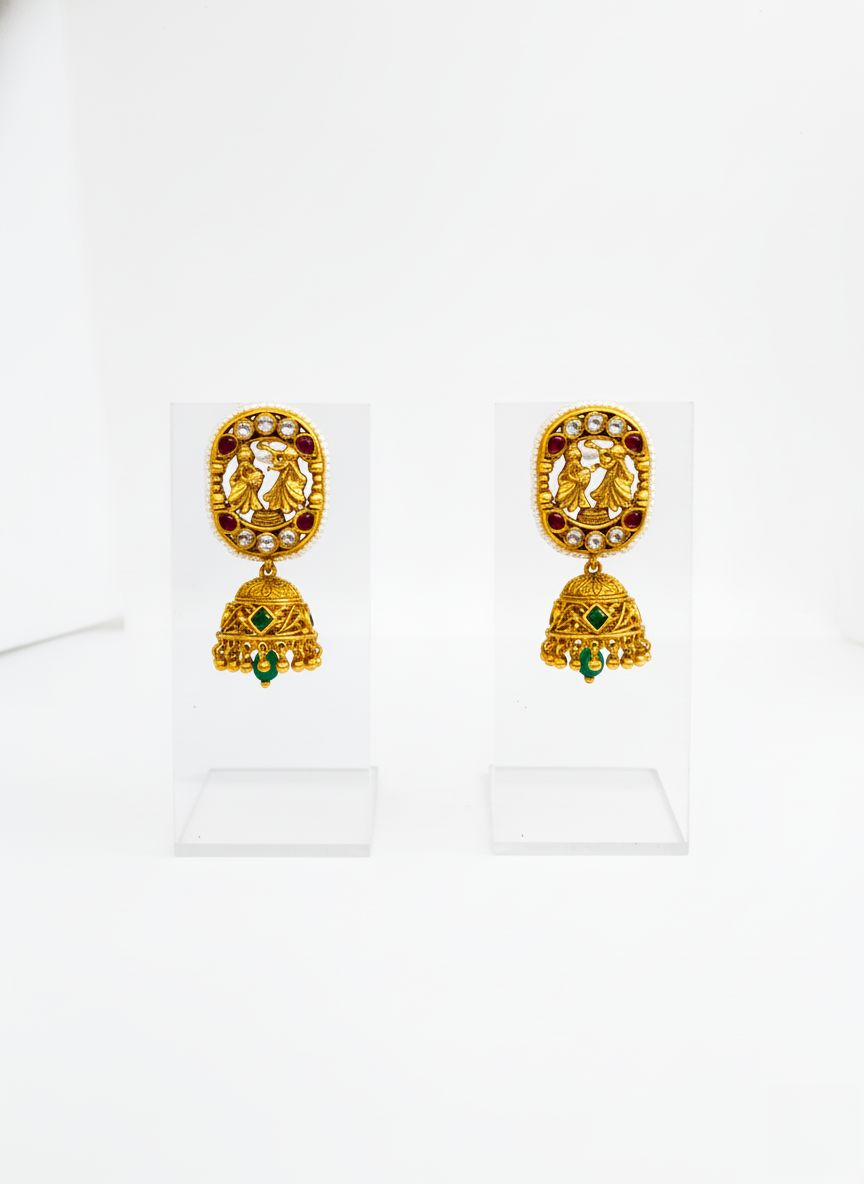 Antique Gold Peacock Kundan Necklace Set with Green Beads