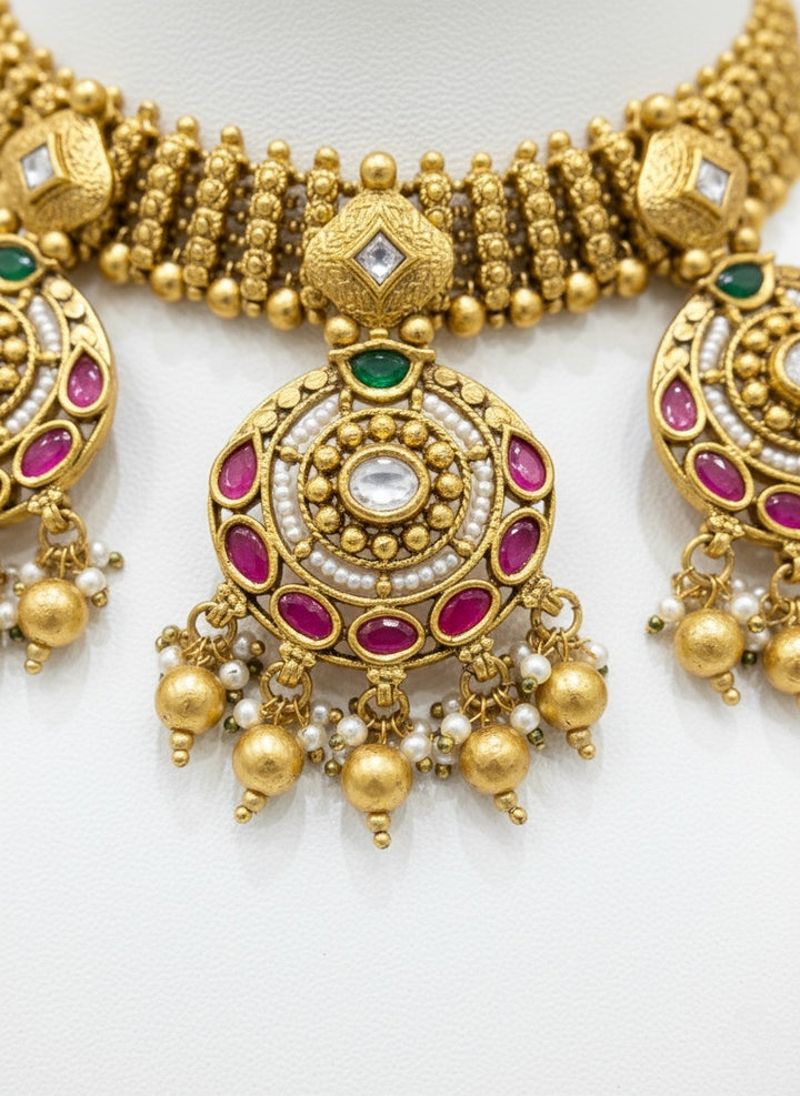 Royal Kundan Choker Necklace Set with Ruby & Emerald Stones