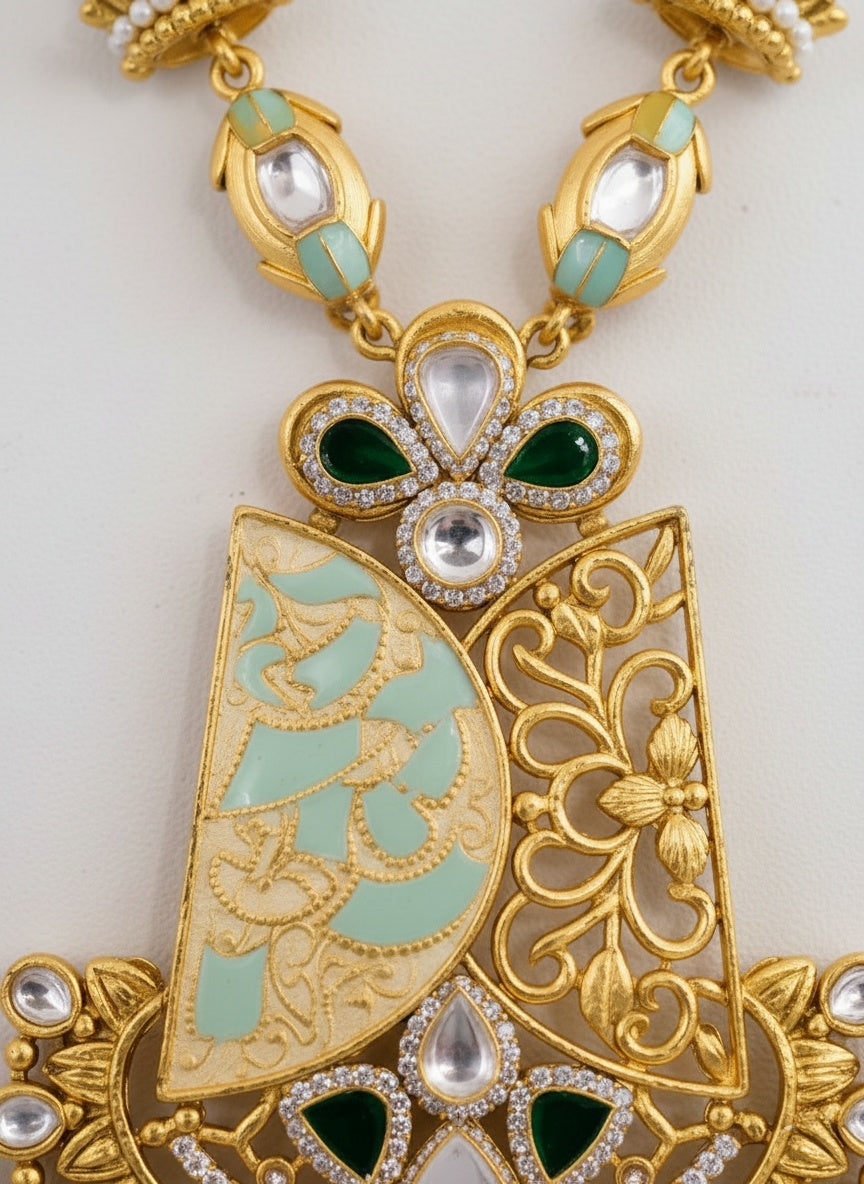 Antique Gold Meenakari Temple Necklace Set with Green Beads & Pearls