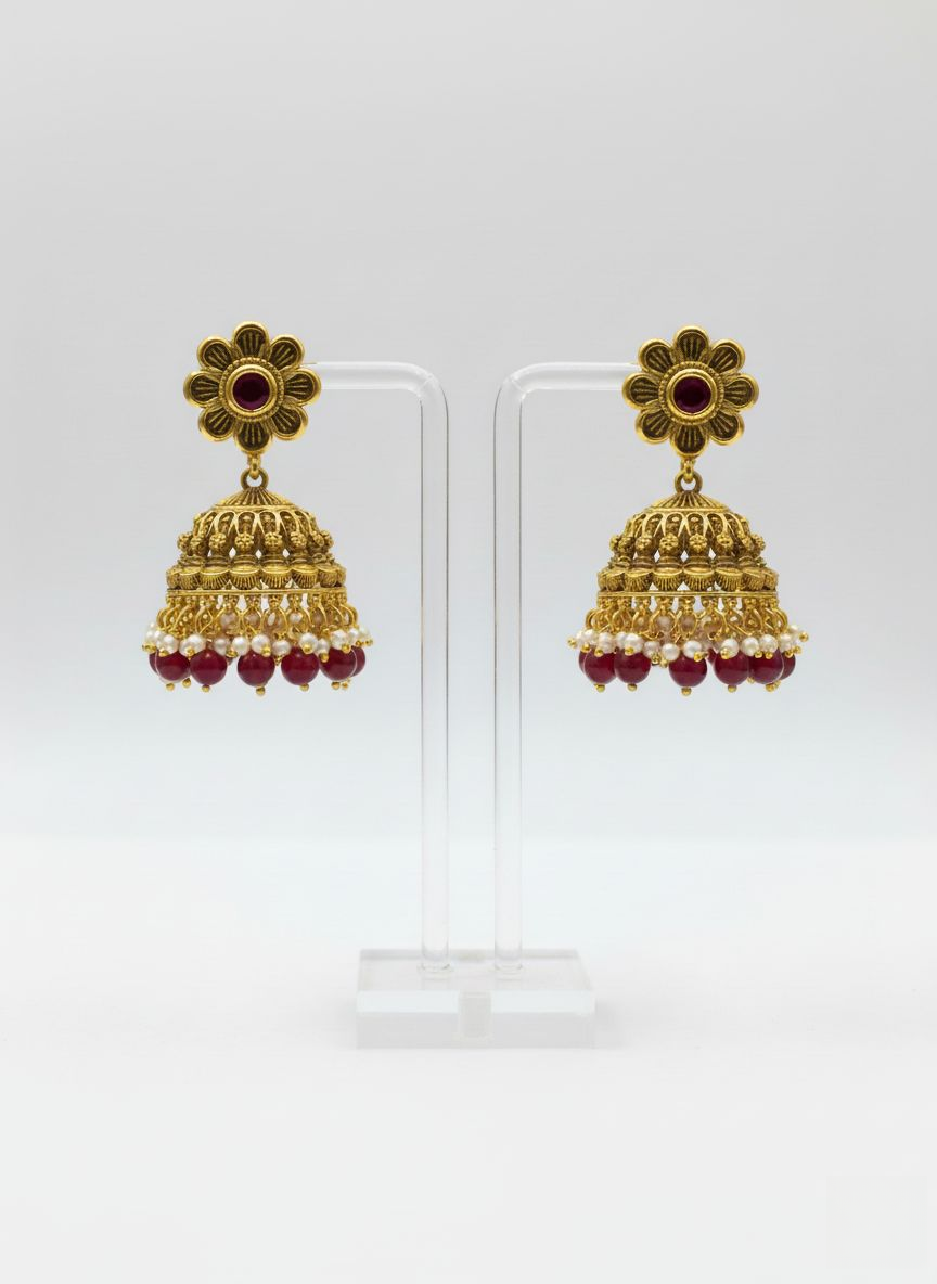 Classic Kundan & Pearl Temple Necklace Set with Ruby Droplets