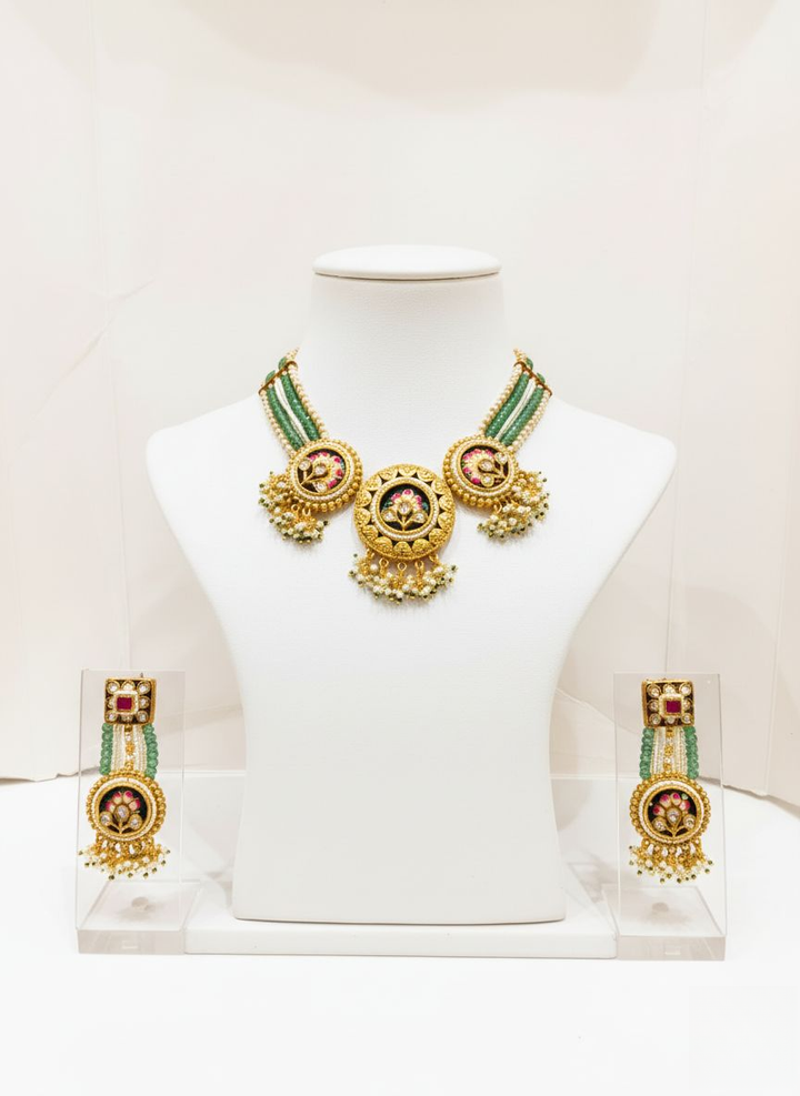 Elegant Meenakari Necklace Set with Green Bead Strands & Floral Kundan Detailing
