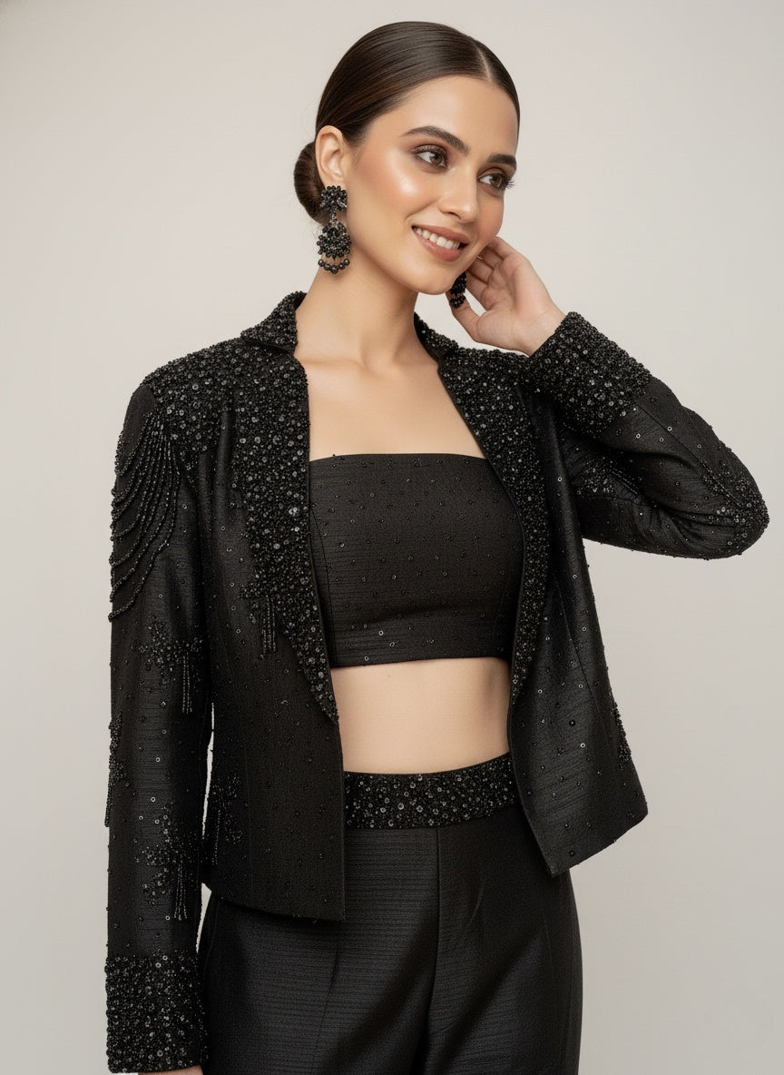 Black Embellished Jacket with Flared Palazzo Pants