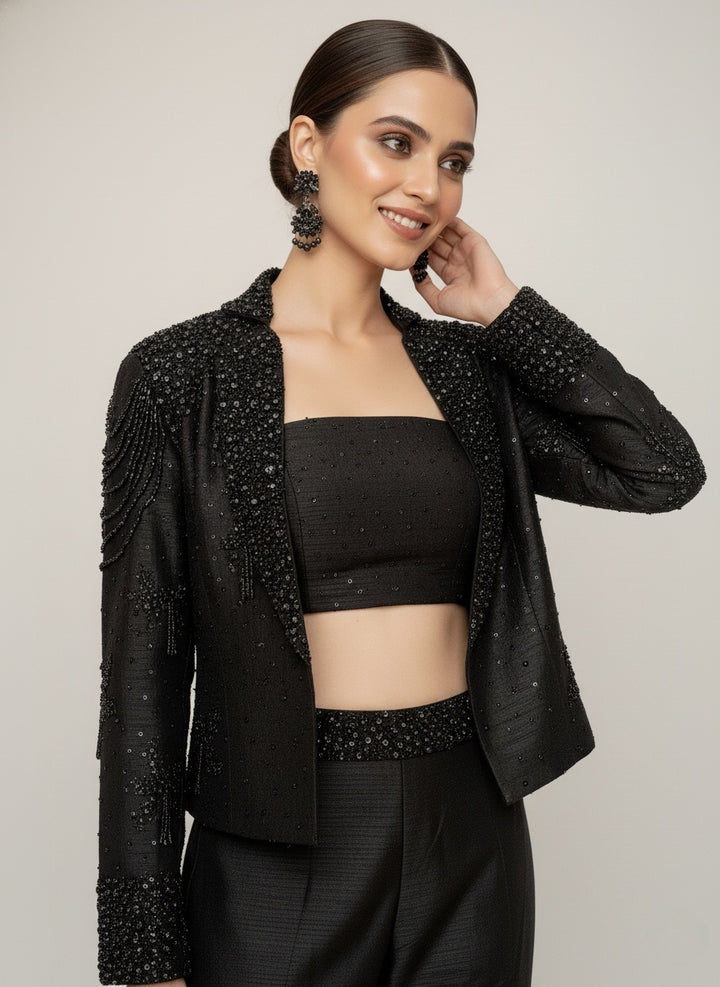 Black Embellished Jacket with Flared Palazzo Pants