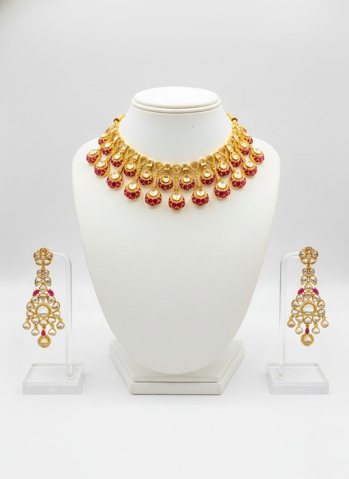Ruby Red & Gold Kundan Choker Necklace Set with Matching Chandbali Earrings