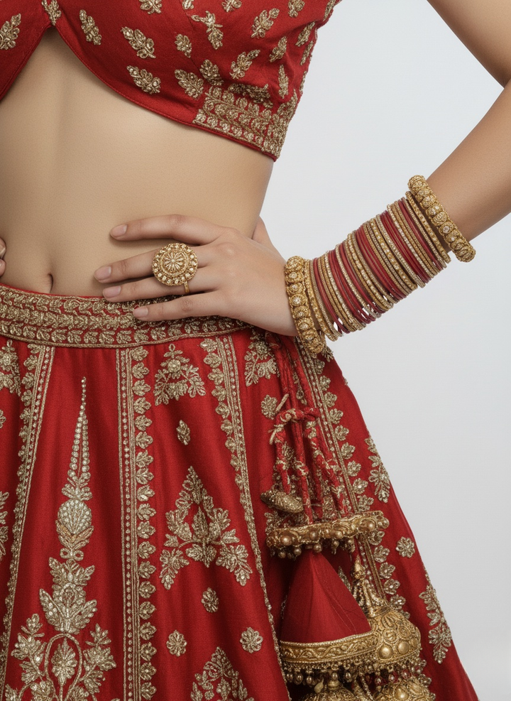 Classic Red Bridal Lehenga with Heavy Gold Zari & Temple Motif Embroidery