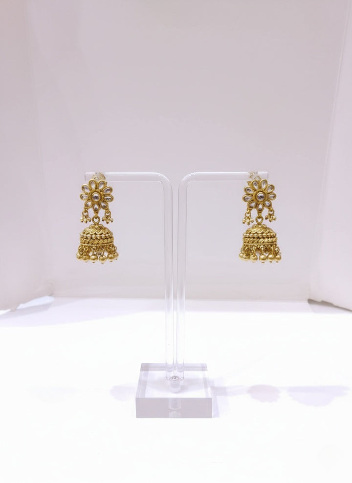 Antique Gold Plated Necklace Set with Kundan Pendant & Jhumka Earrings
