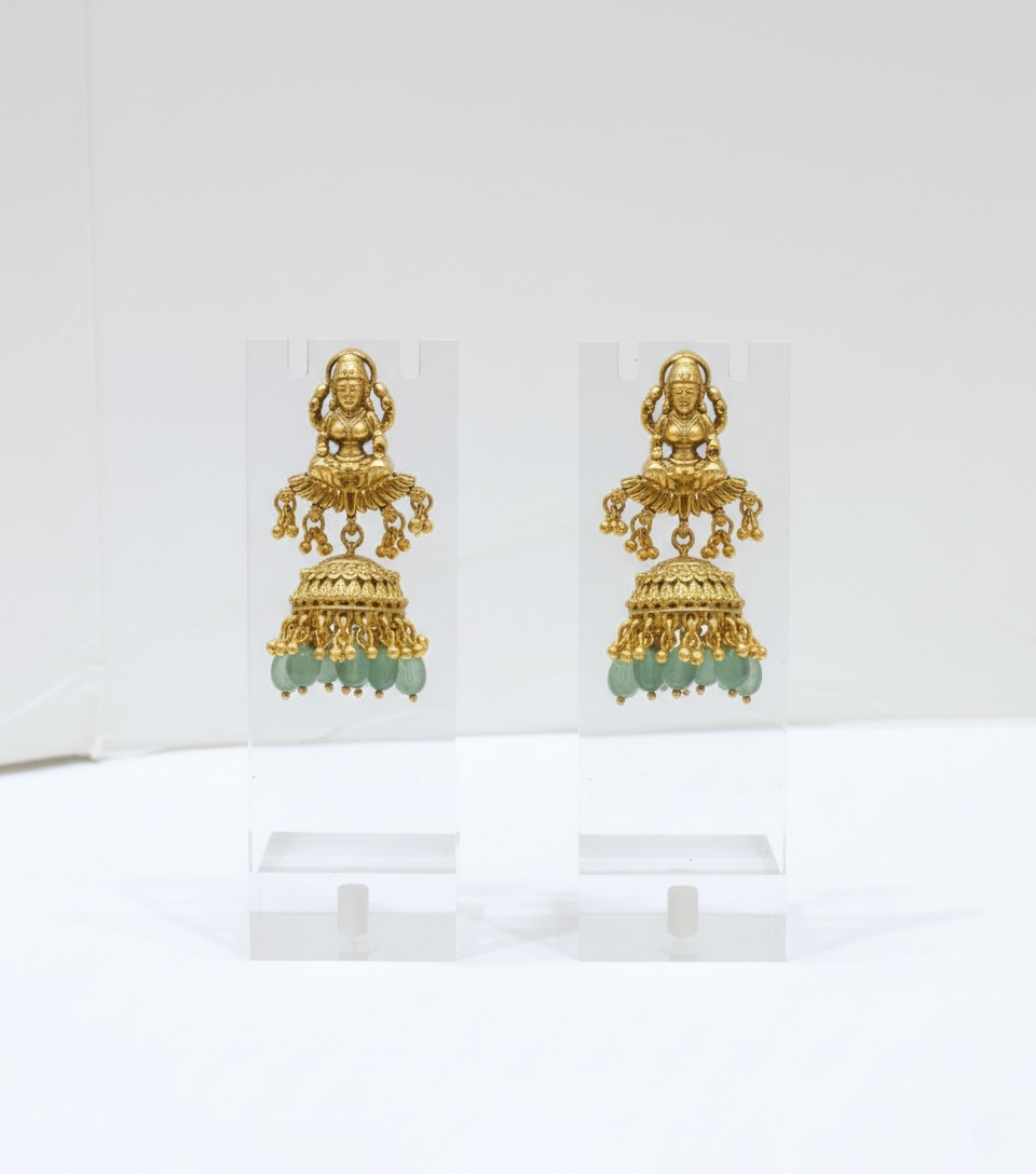 Traditional Temple Jewelry Set with Lakshmi Pendant and Green Beads