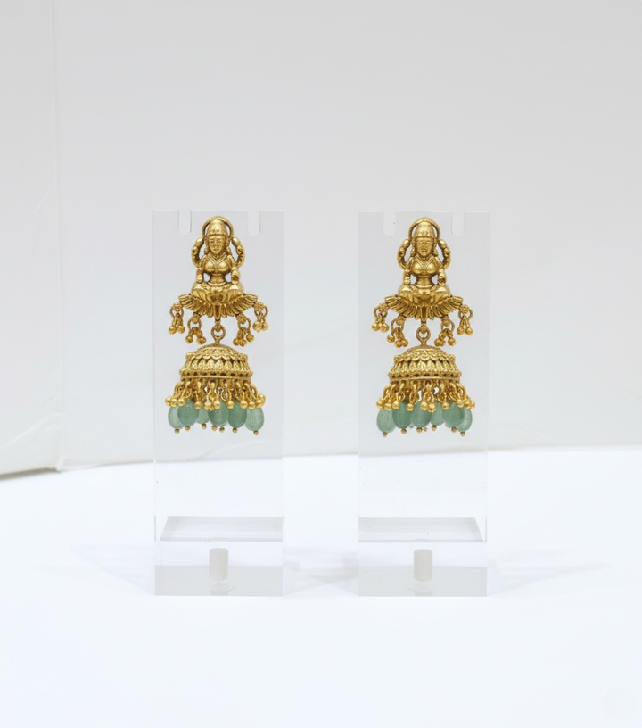Traditional Temple Jewelry Set with Lakshmi Pendant and Green Beads