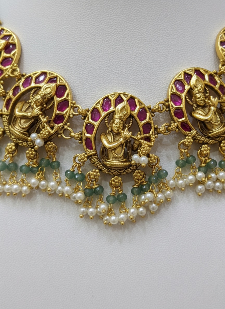 Antique Temple Necklace Set with Lakshmi Motifs & Ruby-Green Detailing