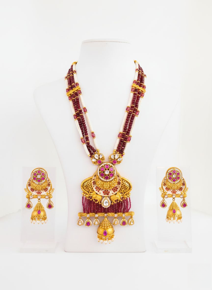 Regal Ruby Temple Necklace Set with Pearl Drops & Antique Gold Detailing