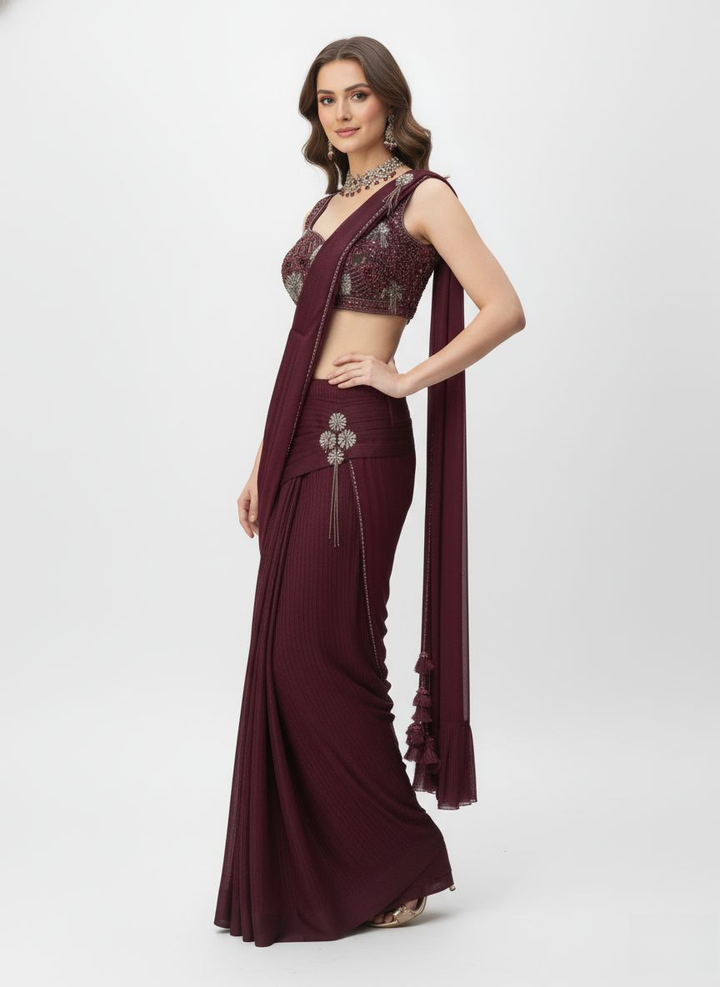 Wine Ready-to-Wear Pre-Draped Saree with Hand-Embroidered Blouse