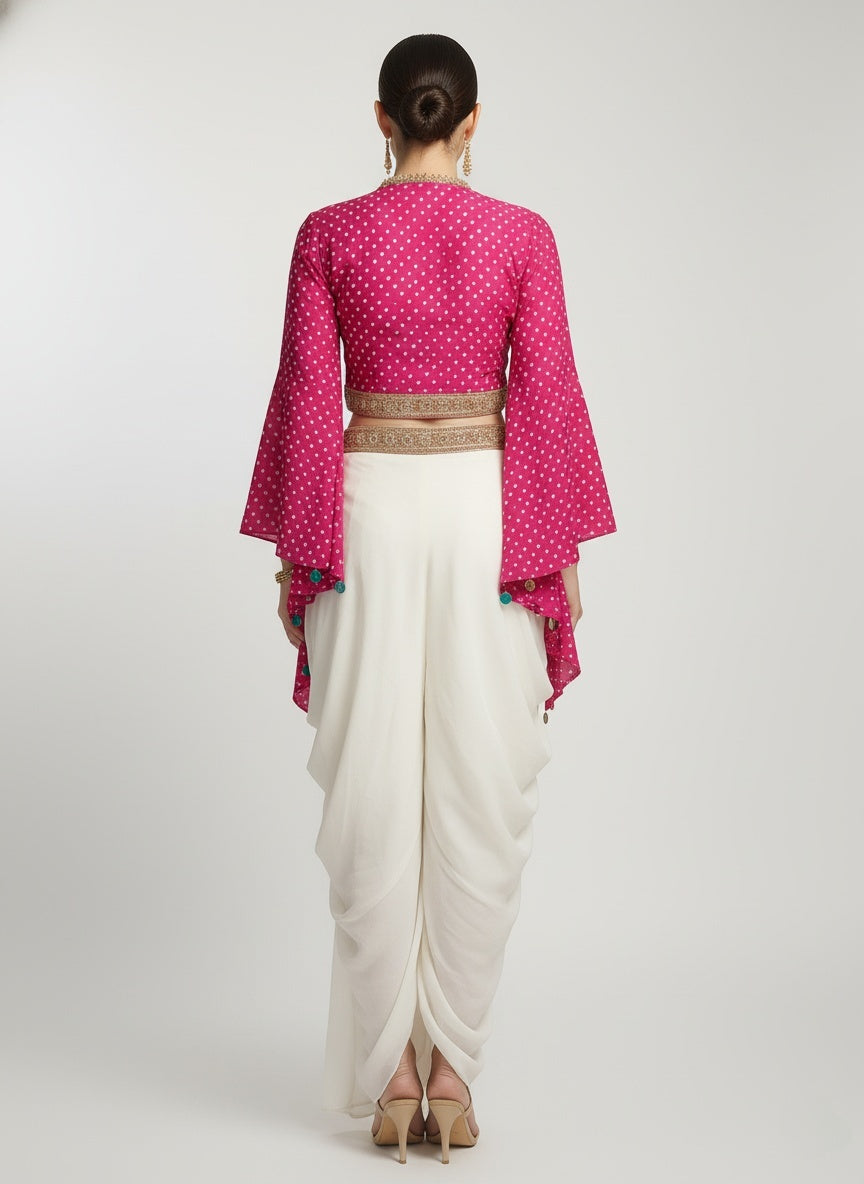 Fuchsia Pink Polka Dot Blouse with Ivory Draped Palazzo Skirt