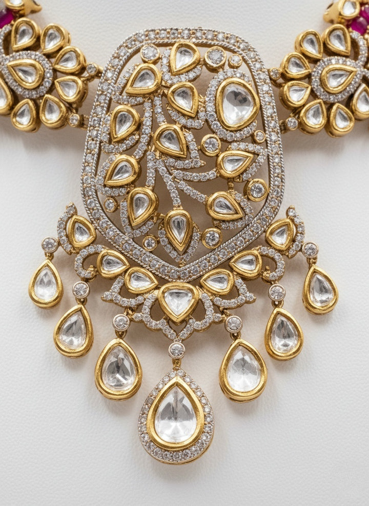 Ruby Pink & Gold Kundan Bridal Choker Necklace Set with Heavy Statement Earrings