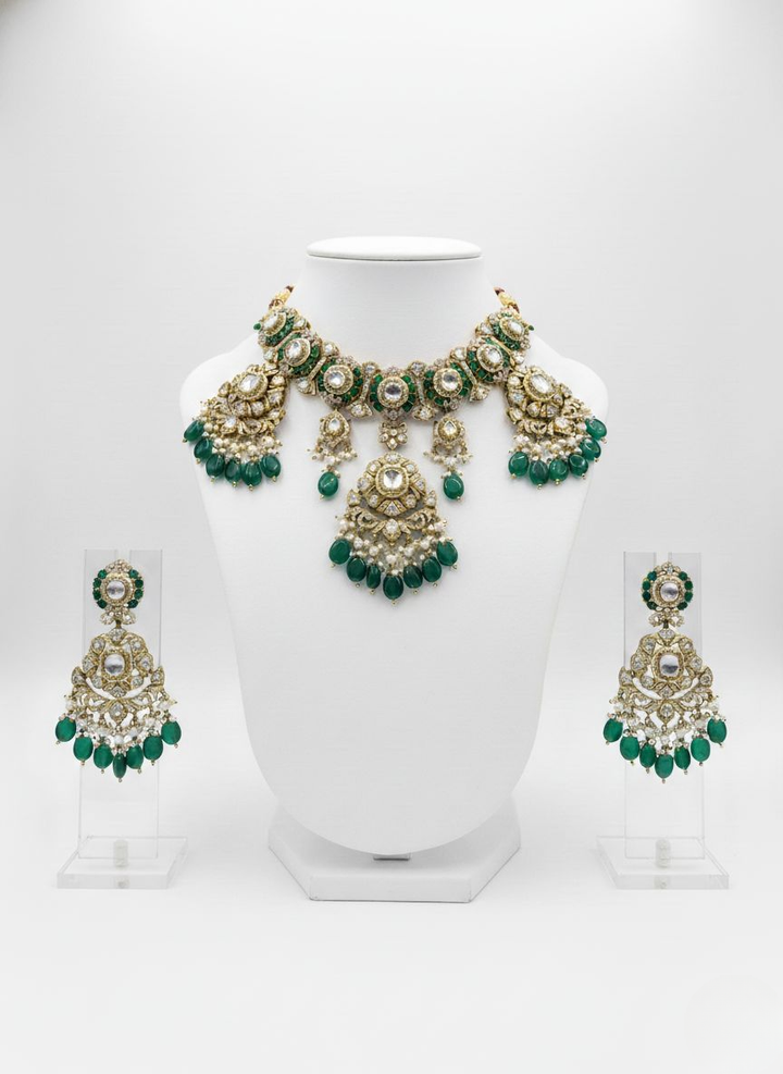 Emerald Green & Kundan Heavy Bridal Necklace Set with Chandbali Earrings