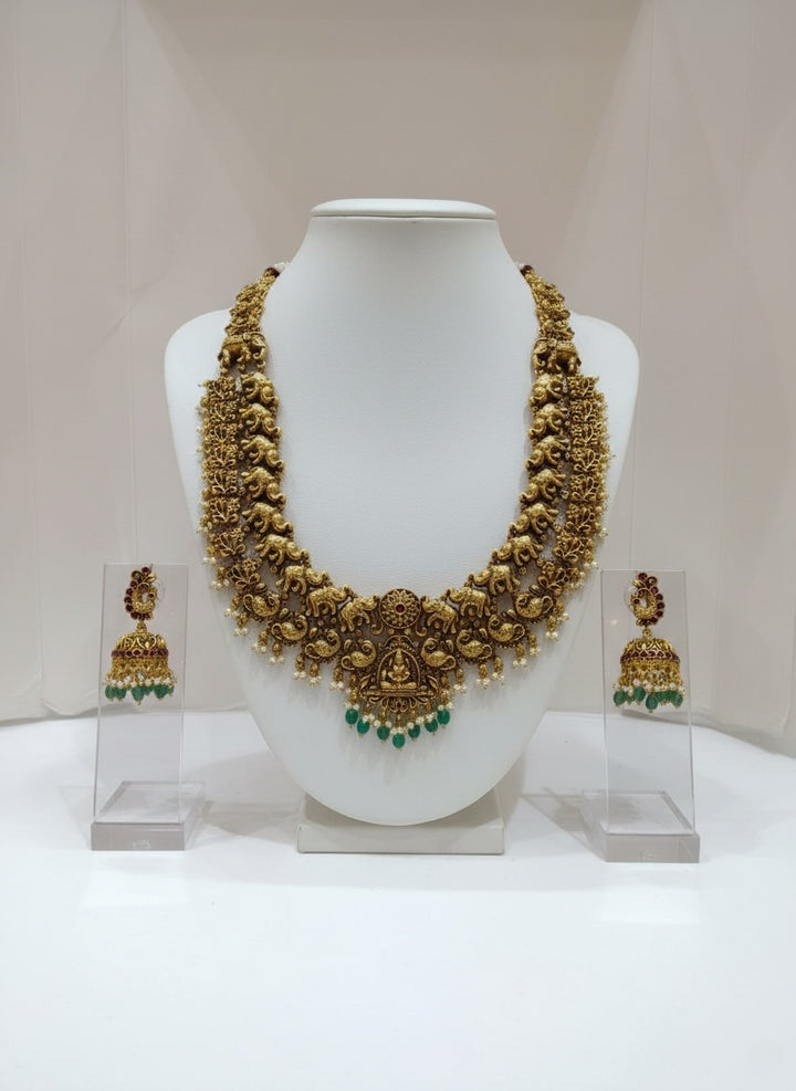 Temple Jewelry Set with Lakshmi, Elephant, and Peacock Motifs